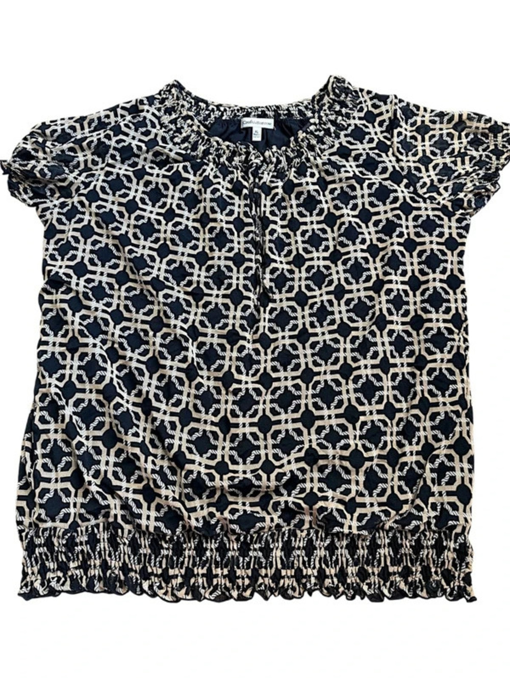 Croft & Barrow XL Black Cream Print Blouse Short Sleeve Elastic Ruffle Hem
